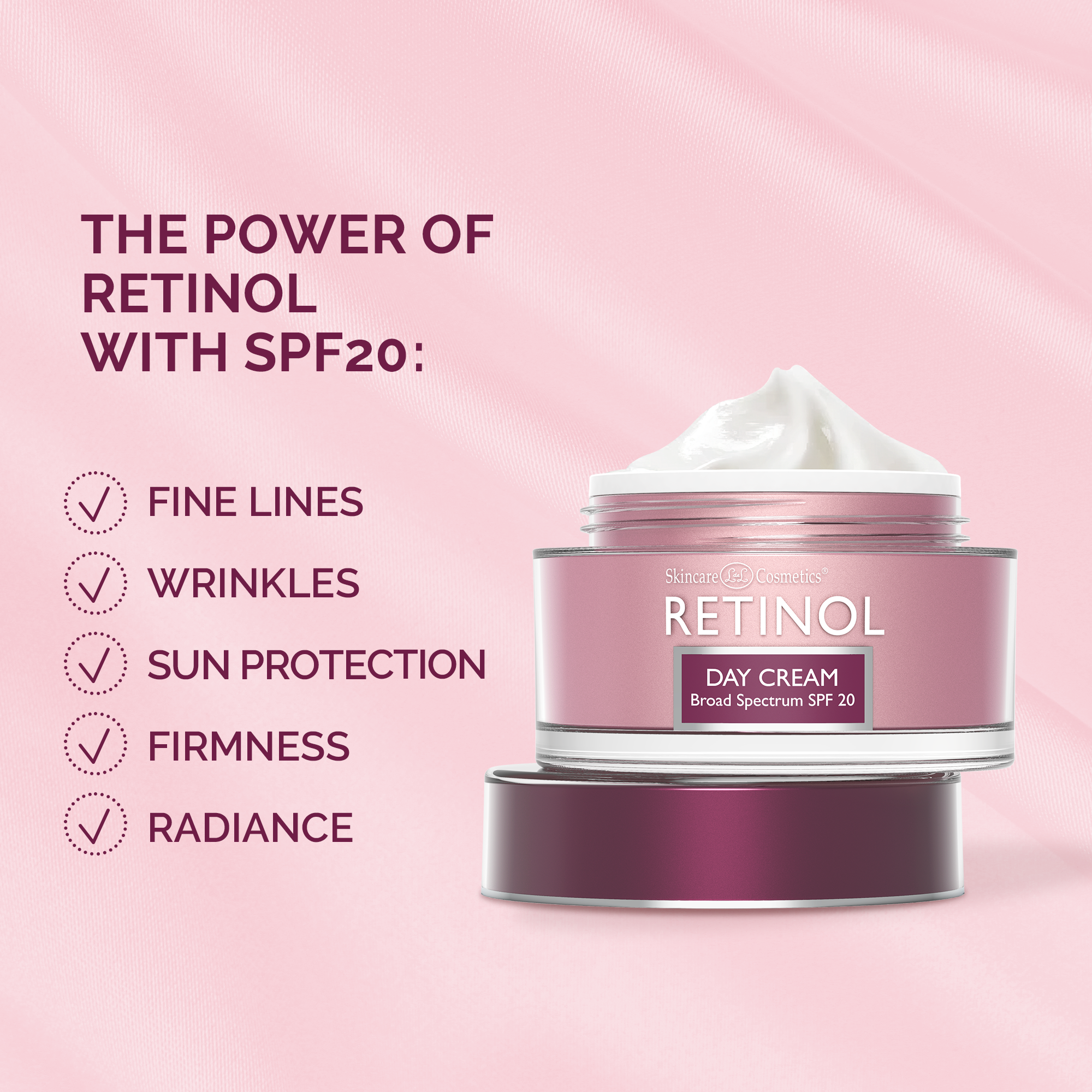 Retinol day cream with SPF20 on a pink background