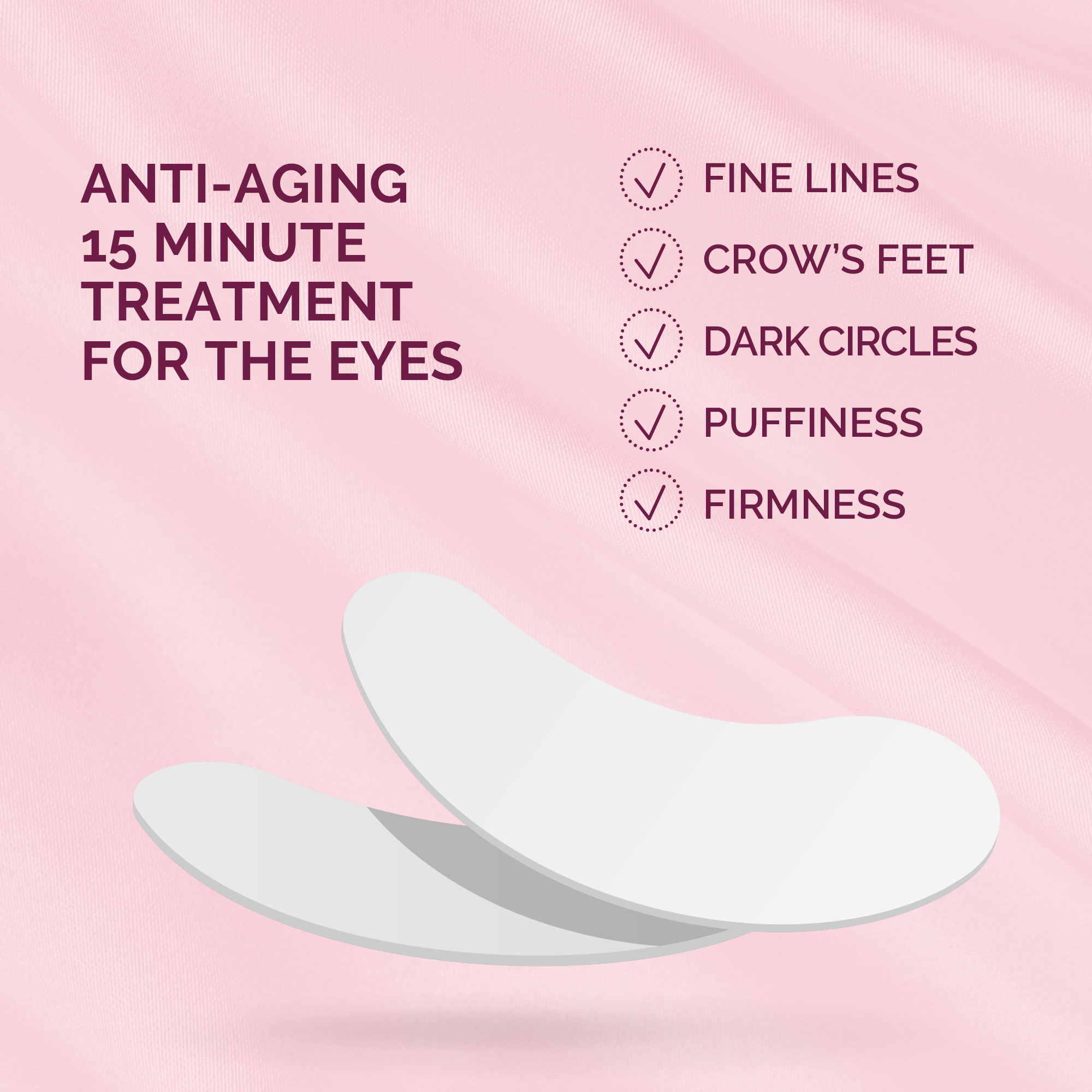 Anti-aging eye treatment patches on a pink background with text listing benefits.
