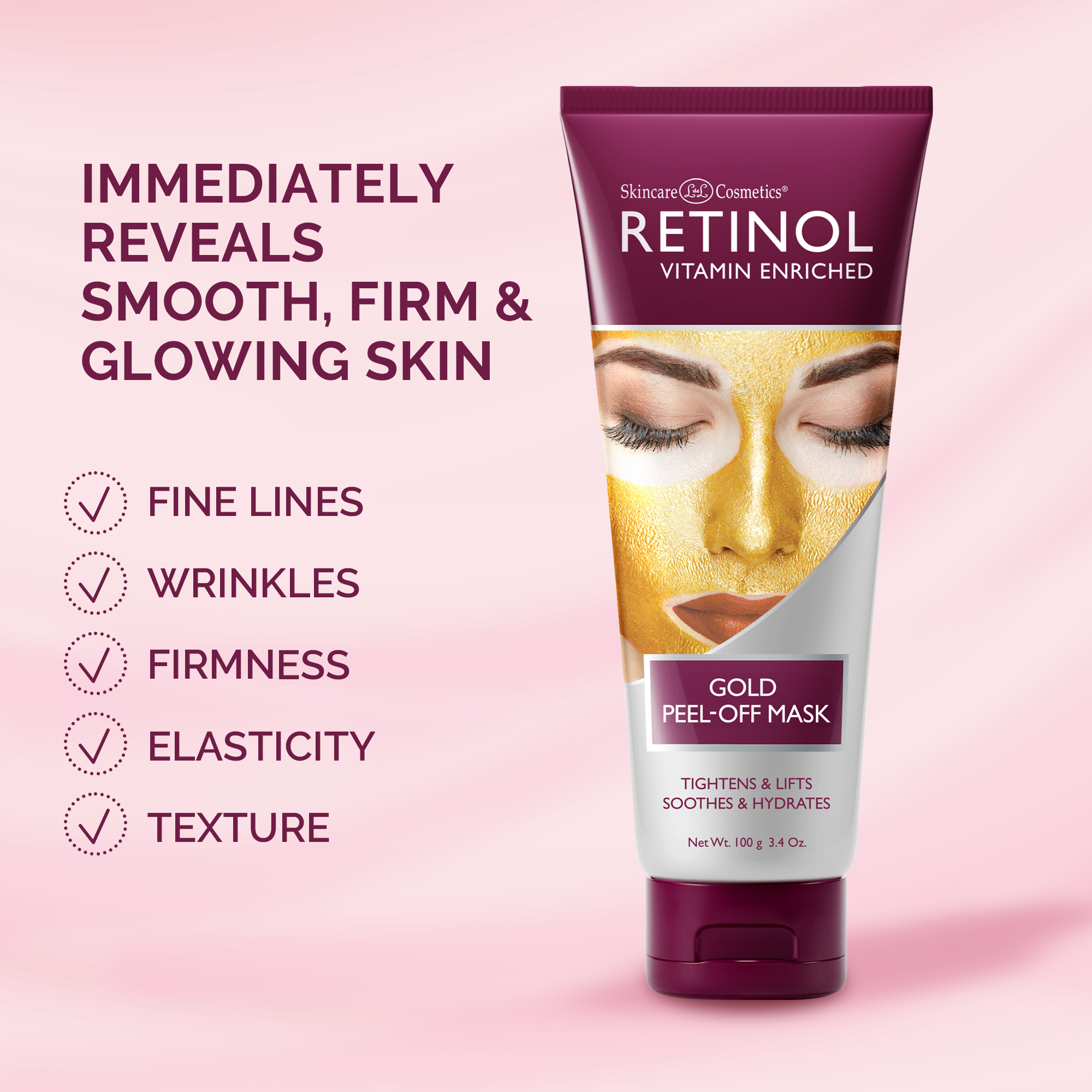 Skincare tube with gold peel-off mask on a pink background