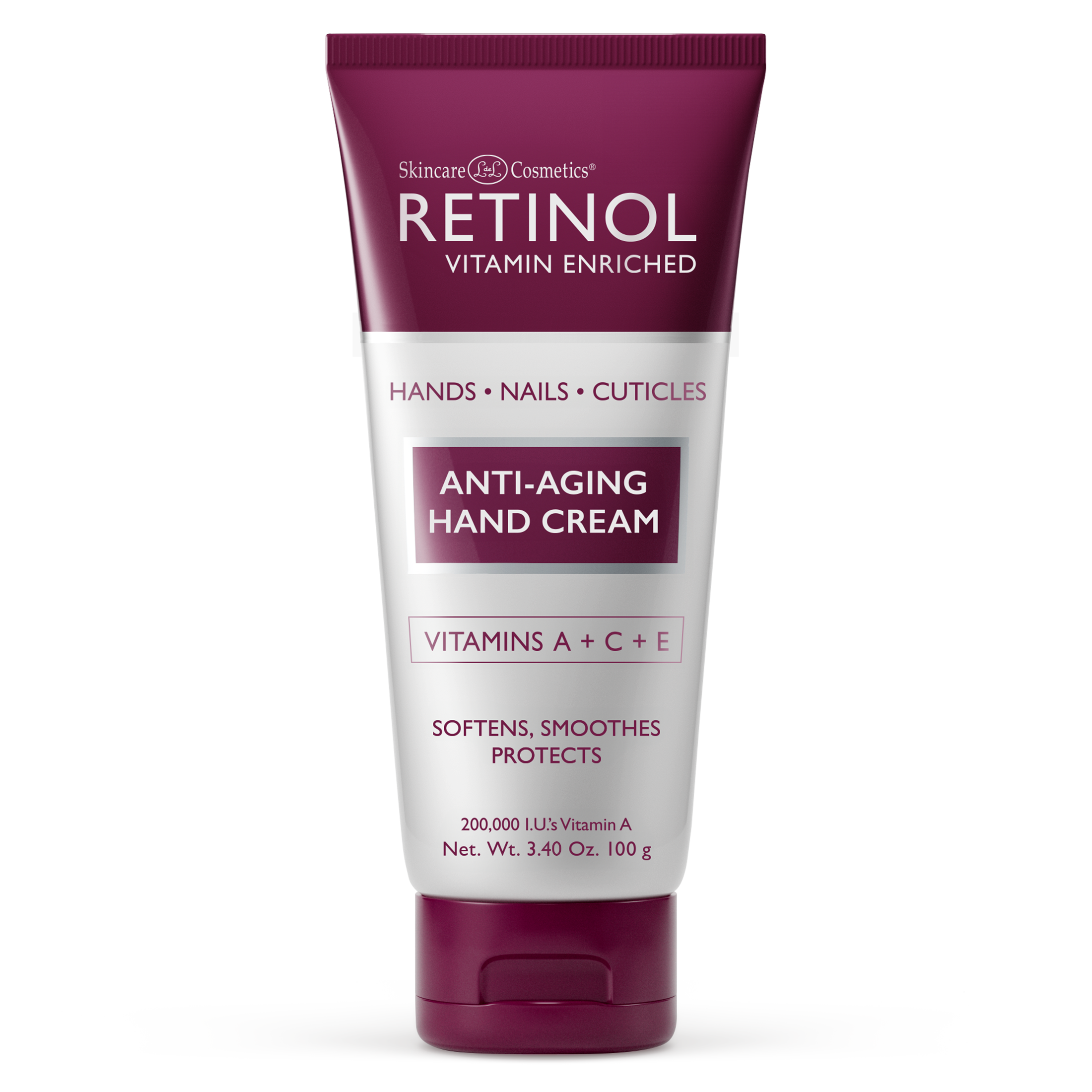 Tube of retinol enriched anti-aging hand cream on a white background