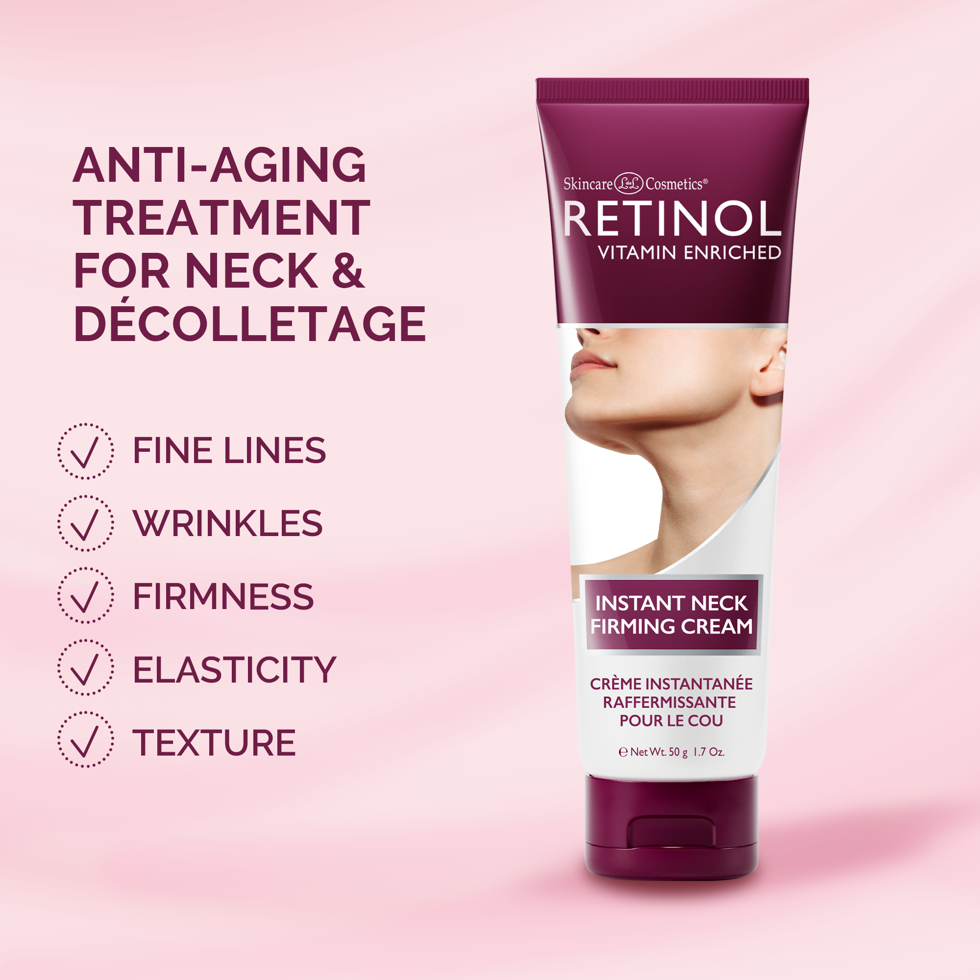Skinceuticals Retinol neck firming cream on a pink background with text highlighting benefits.