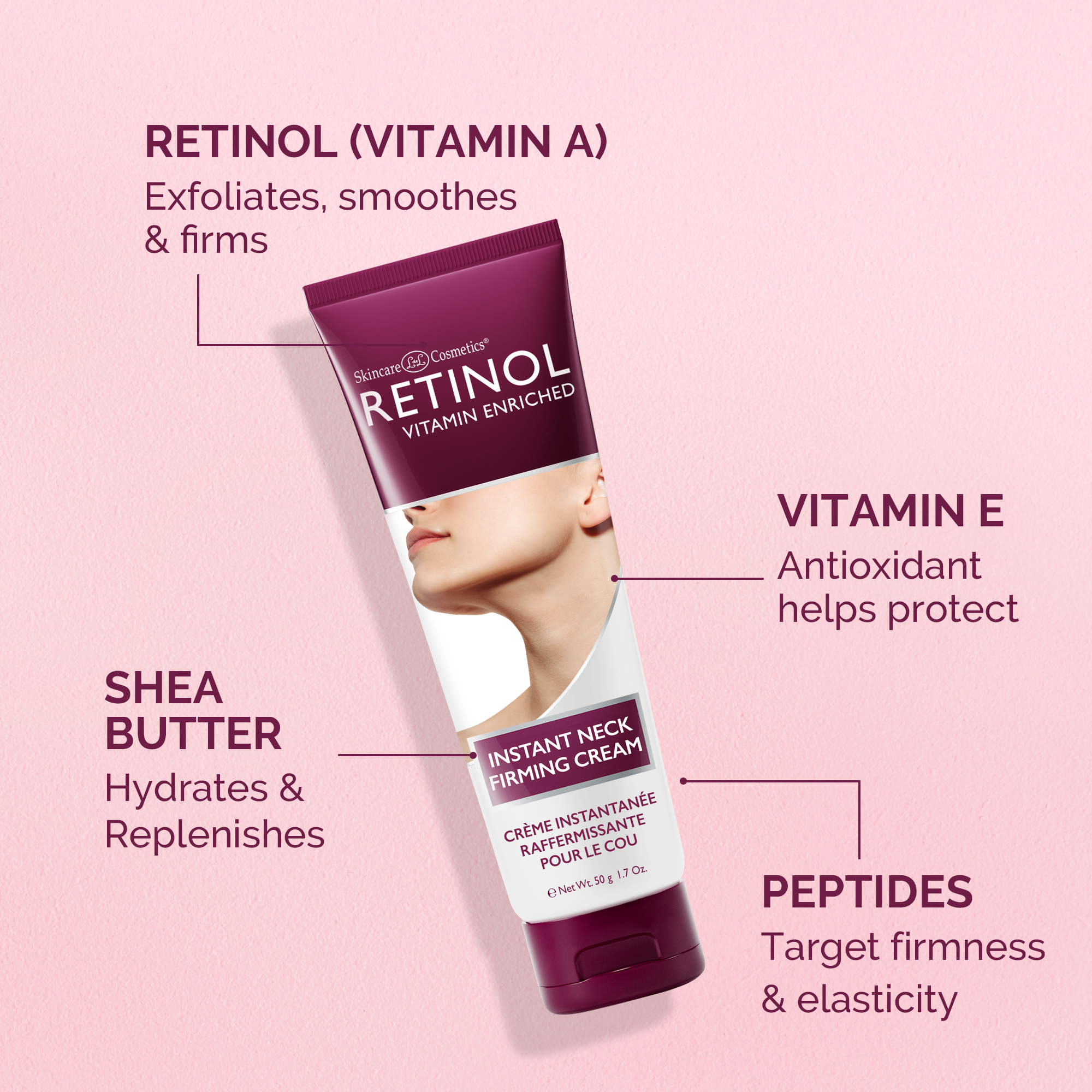 Skincare cream tube with text highlighting ingredients on a pink background