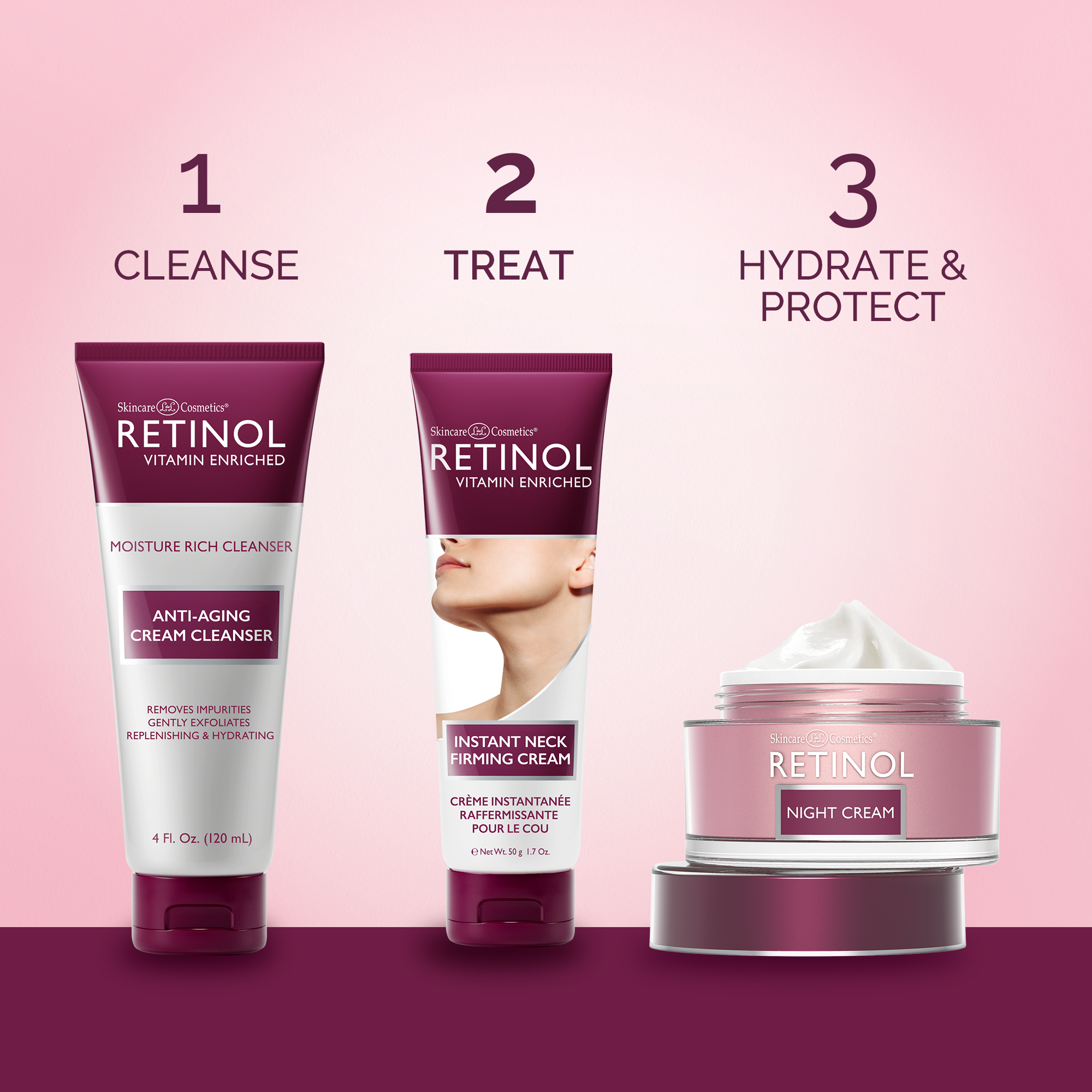 Skincare product set with Retinol Vitamin Enriched theme on a pink background
