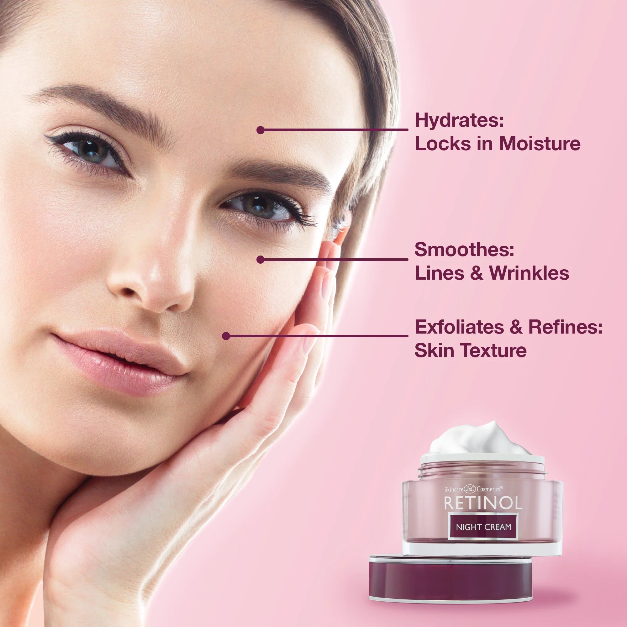 Woman applying cream with text highlighting benefits on a pink background, featuring a jar of Retinol night cream.