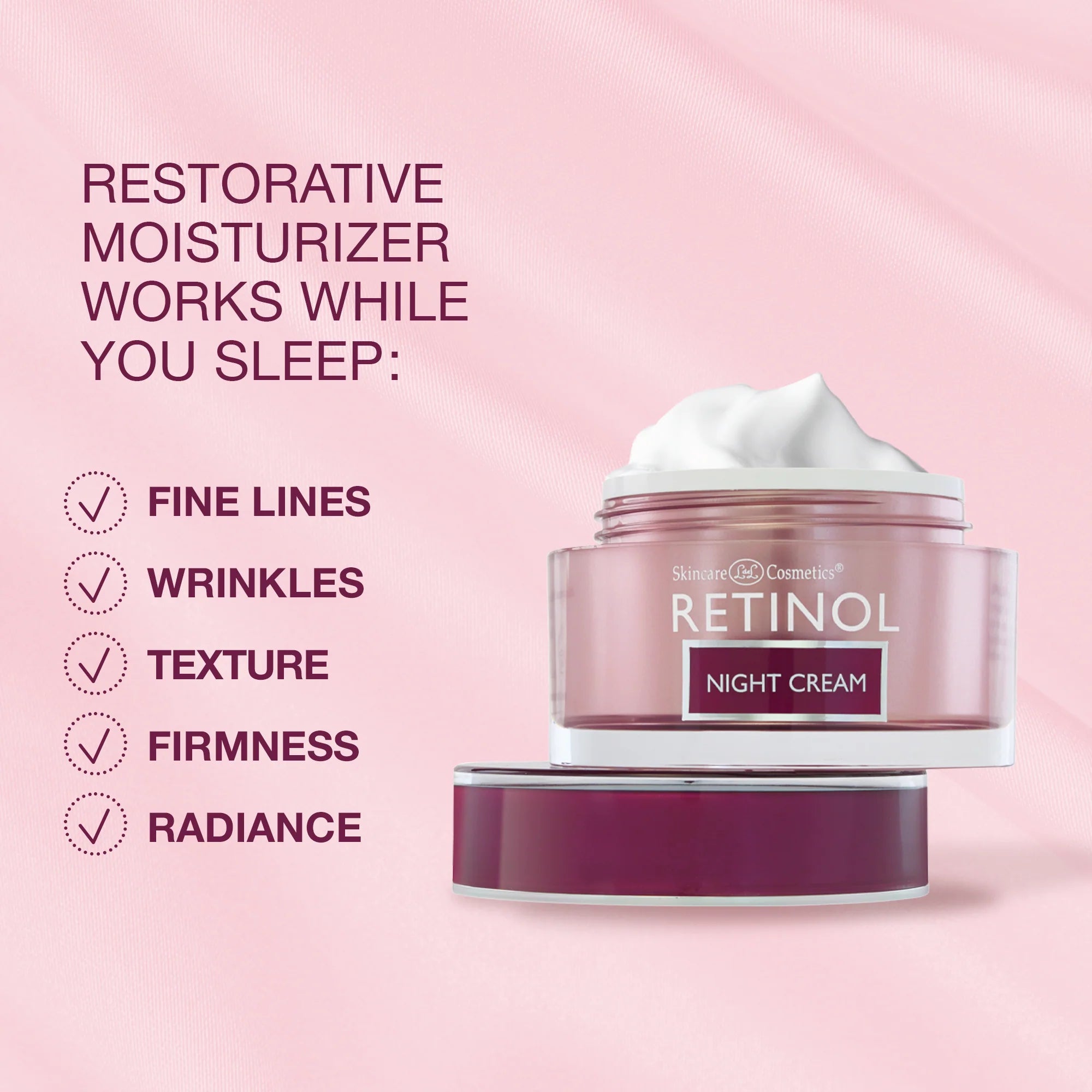 Retinol night cream jar with text on a pink background
