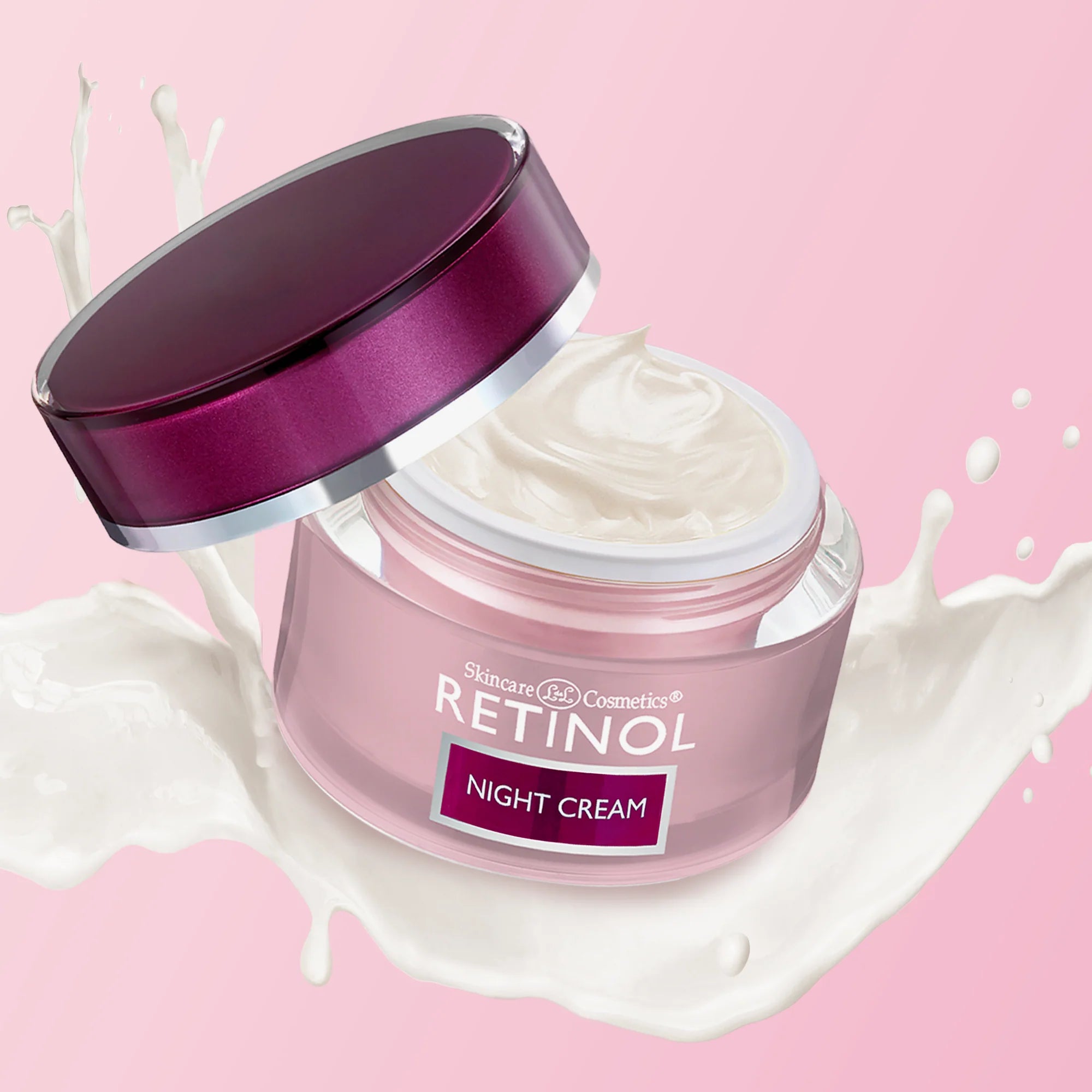 Retinol night cream jar with pink lid on a pink background