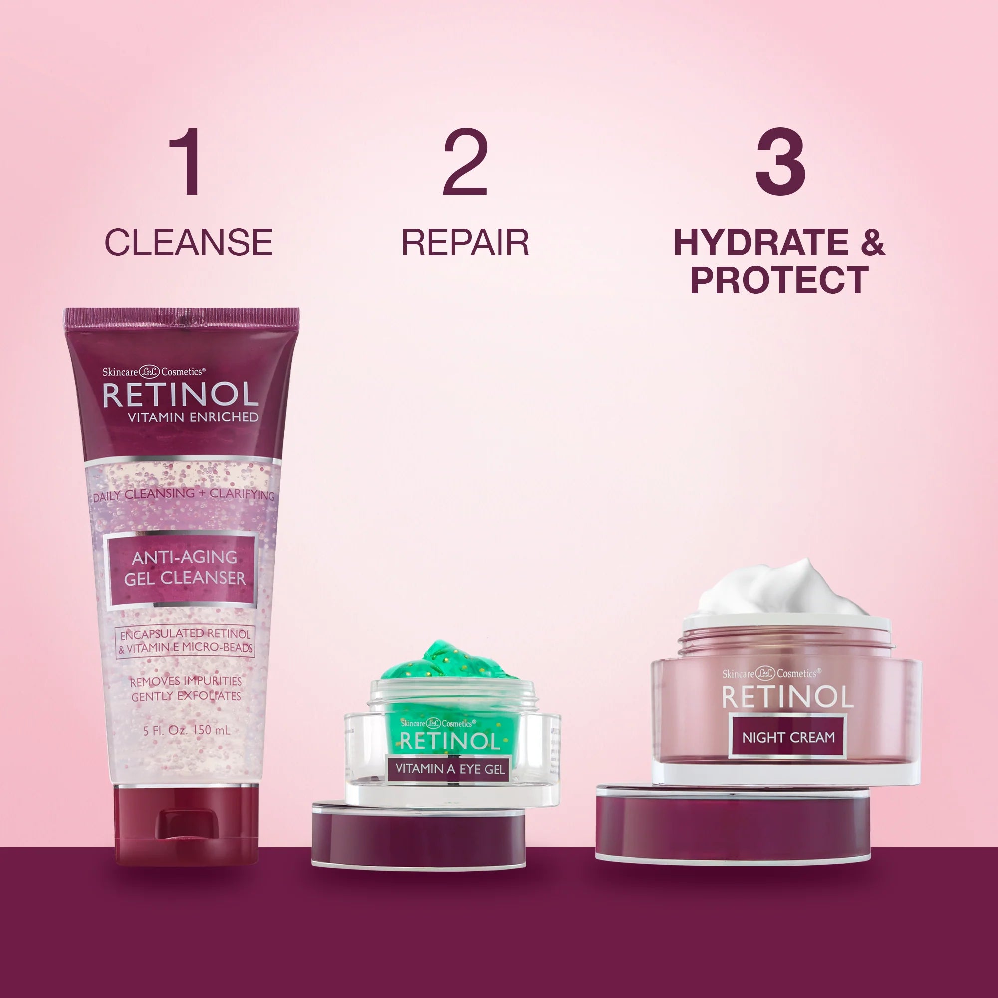 Skincare products with step-by-step instructions on a pink background