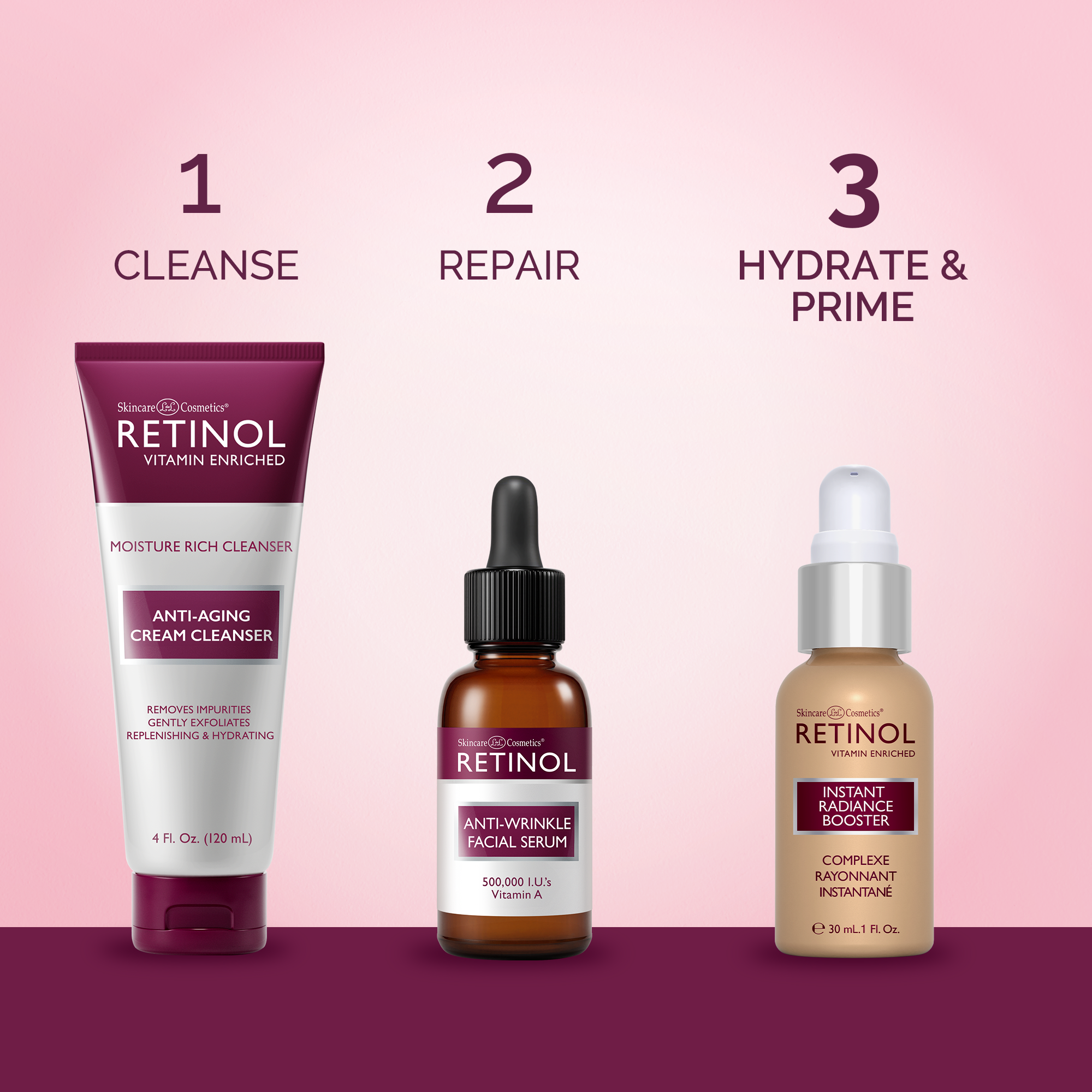 Three skincare products with labels for cleanse, repair, and hydrate & prime on a pink background.