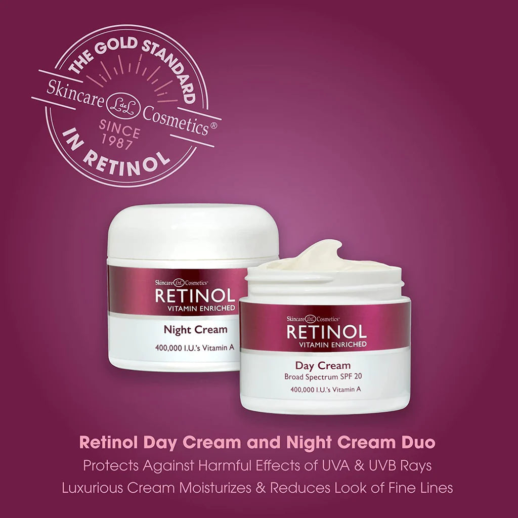 Retinol day and night cream duo with brand logo on a purple background
