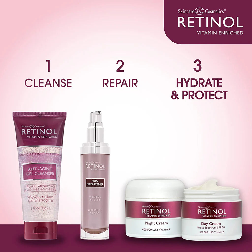 Skincare products with 'Retinol' branding on a pink and purple gradient background.