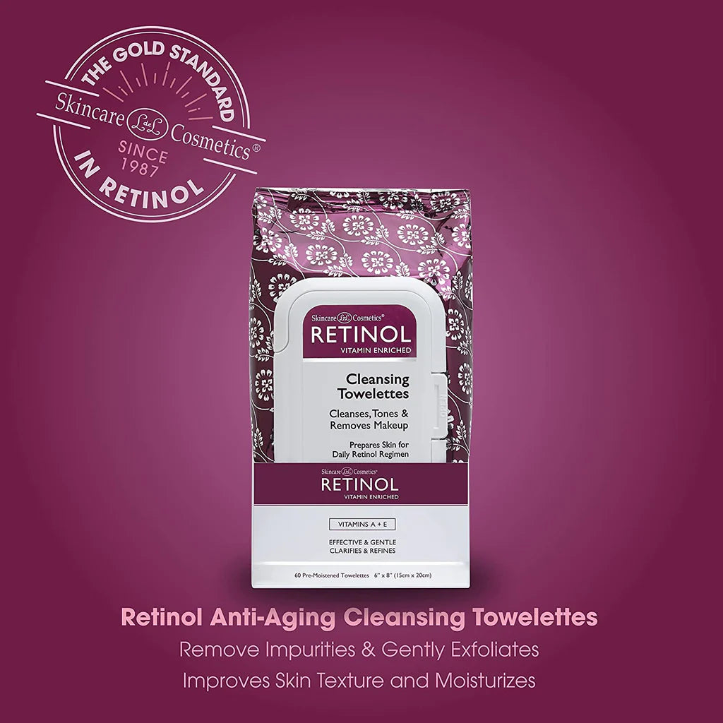 Retinol anti-aging cleansing towelettes packaging on a purple background with 'The Gold Standard in Retinol' logo.