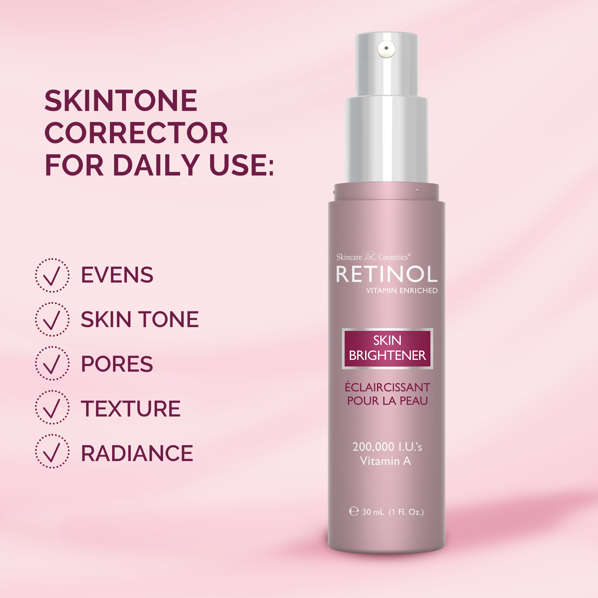 Skintone corrector bottle with features listed on a pink background