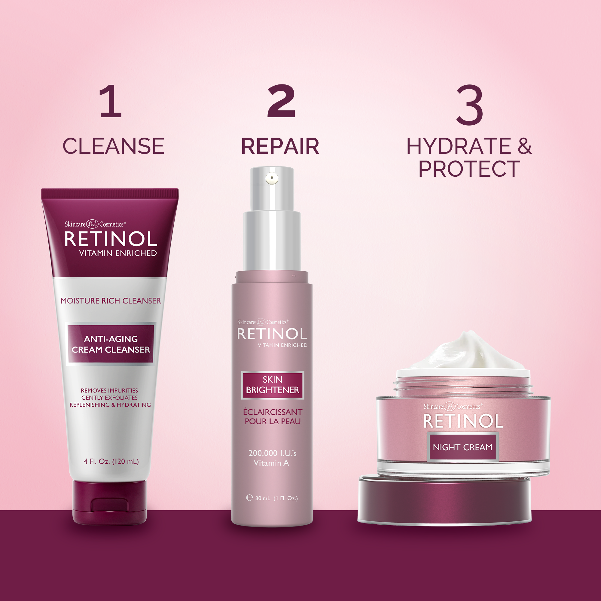 Three skincare products with Retinol on a pink background