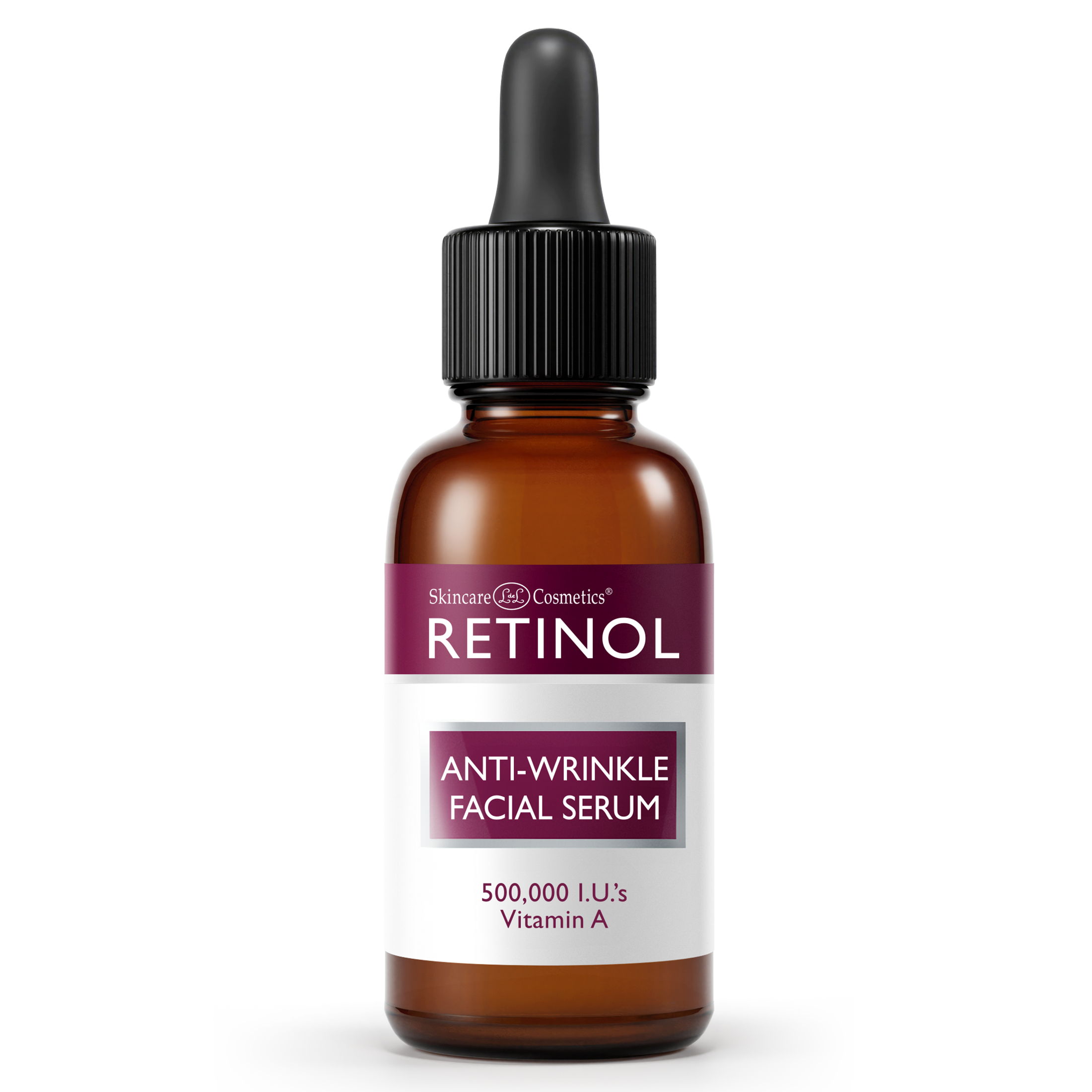 Retinol anti-wrinkle facial serum bottle with dropper on a white background