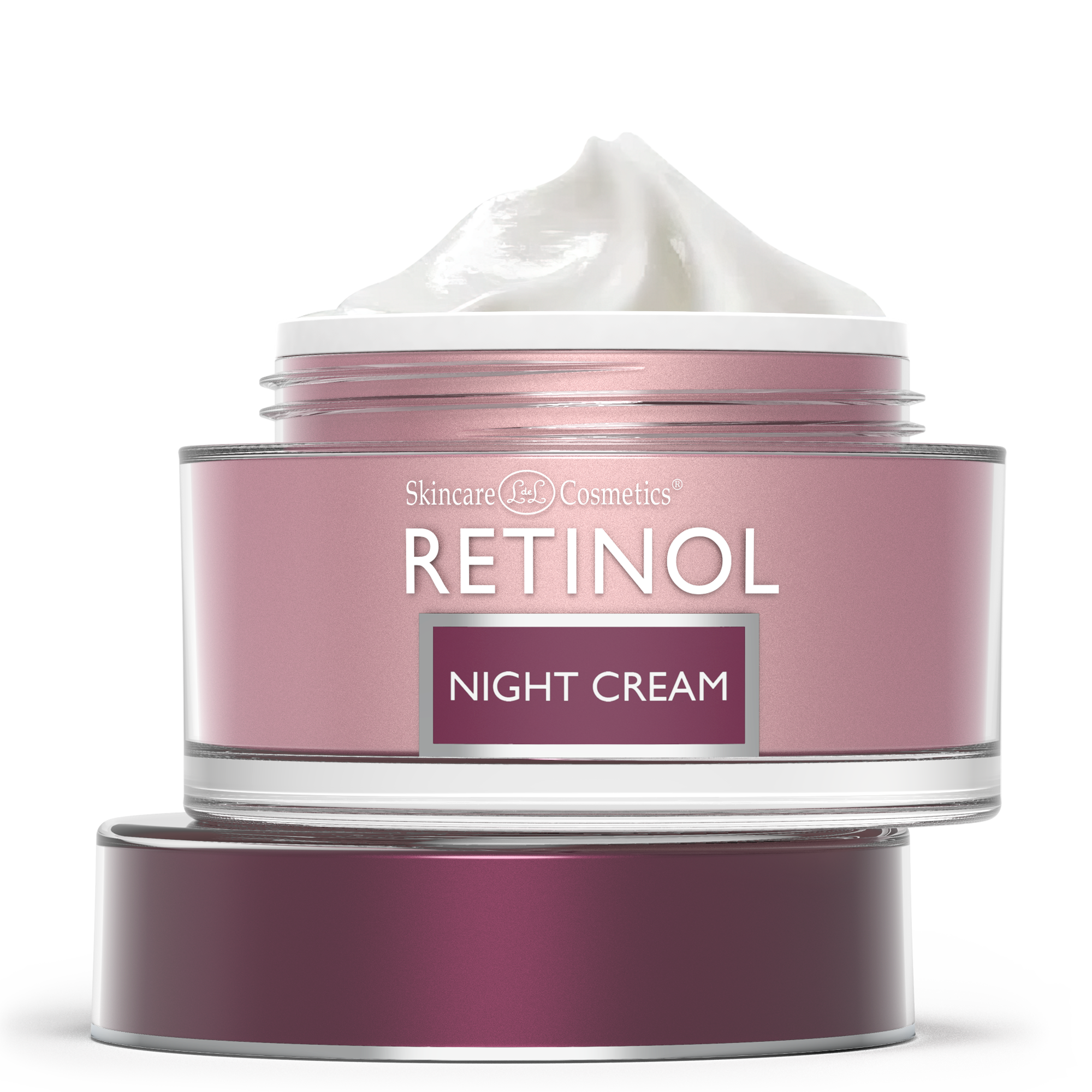 Retinol night cream jar with pink and purple design on a white background