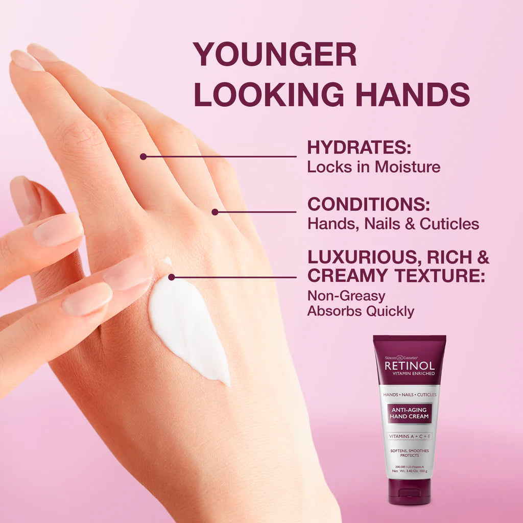 Hand applying cream with product details on a pink background