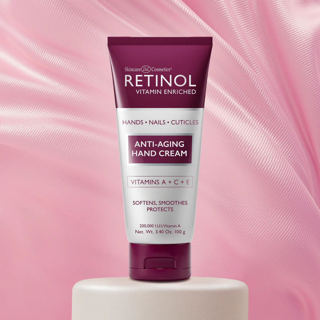 Tube of Skinceuticals Retinol Vitamin Enriched Anti-Aging Hand Cream on a pink background