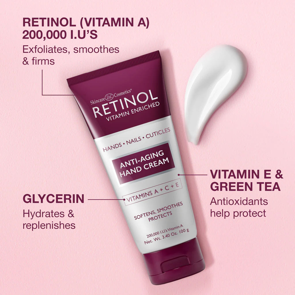 Retinol enriched hand cream with text highlighting ingredients on a pink background