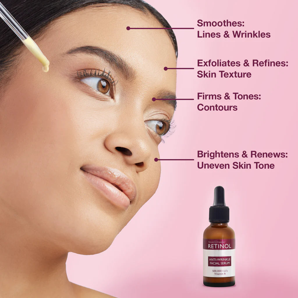Woman applying skincare product with text on skin benefits and a bottle of retinol serum on pink background