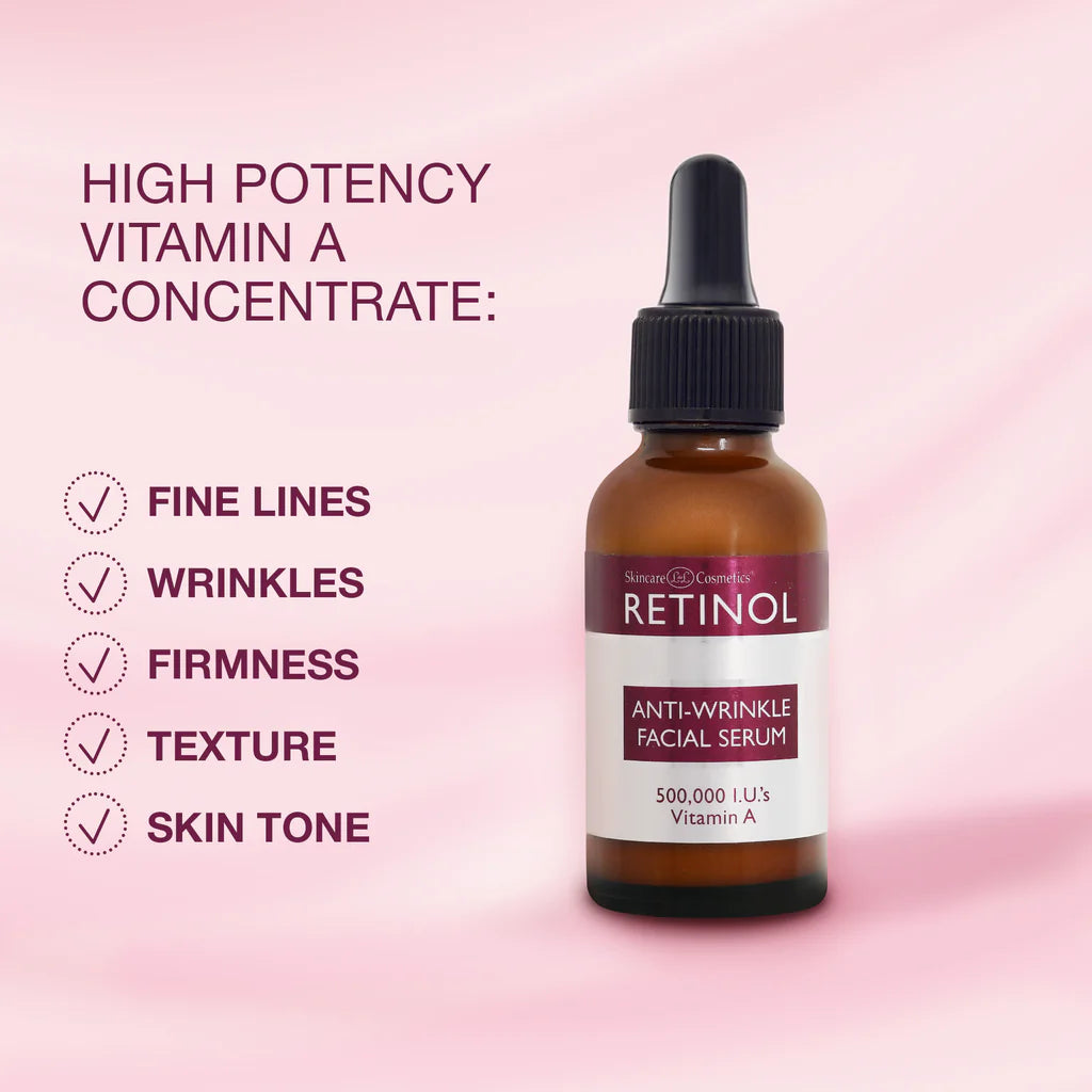 Retinol anti-wrinkle facial serum bottle with text on a pink background