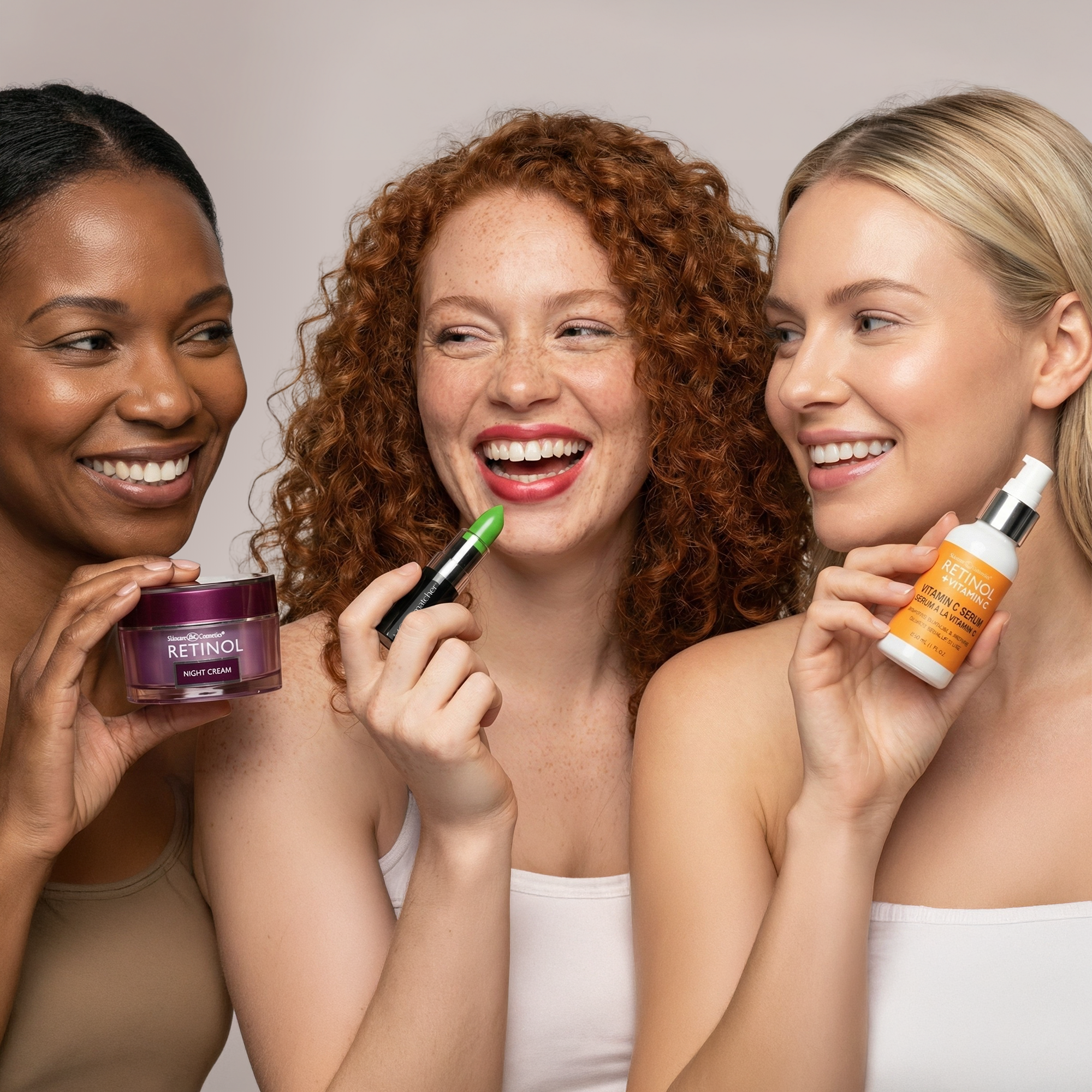 Three women holding skincare products against a neutral background