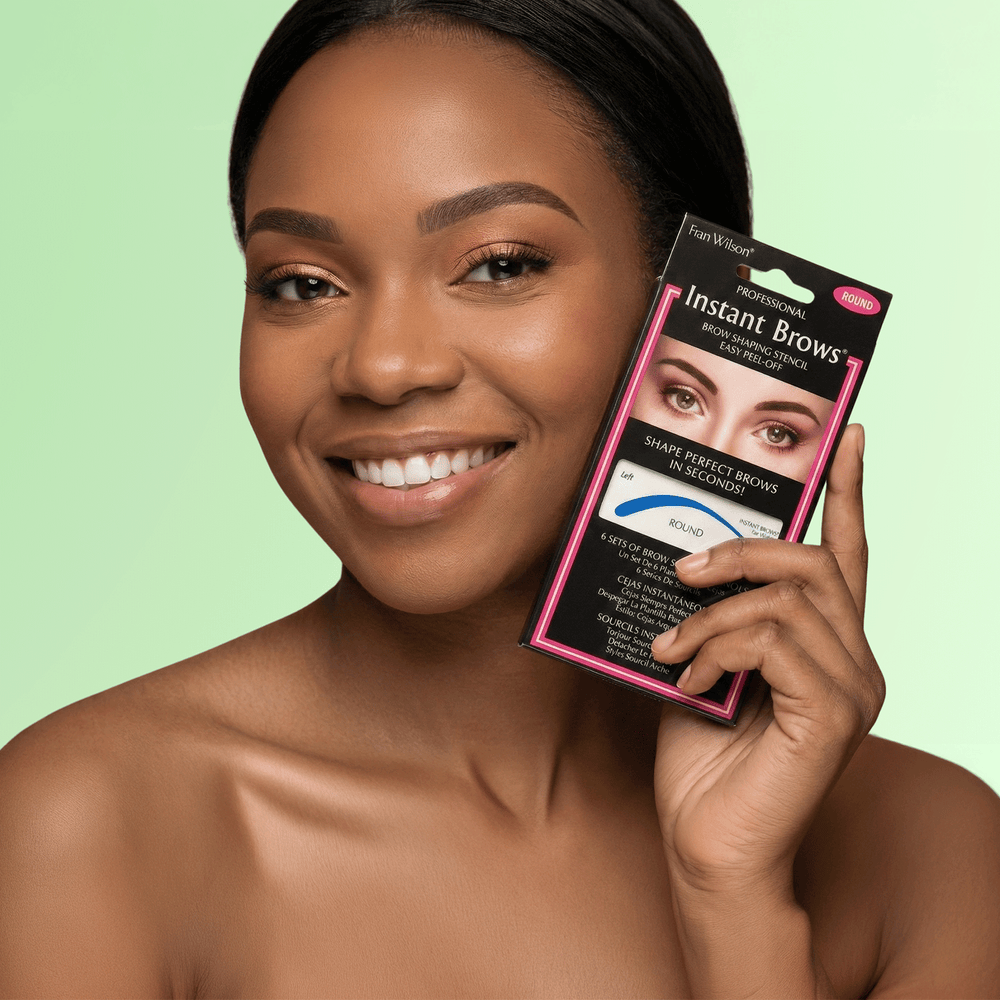 Woman holding a package of instant brow product against a green background