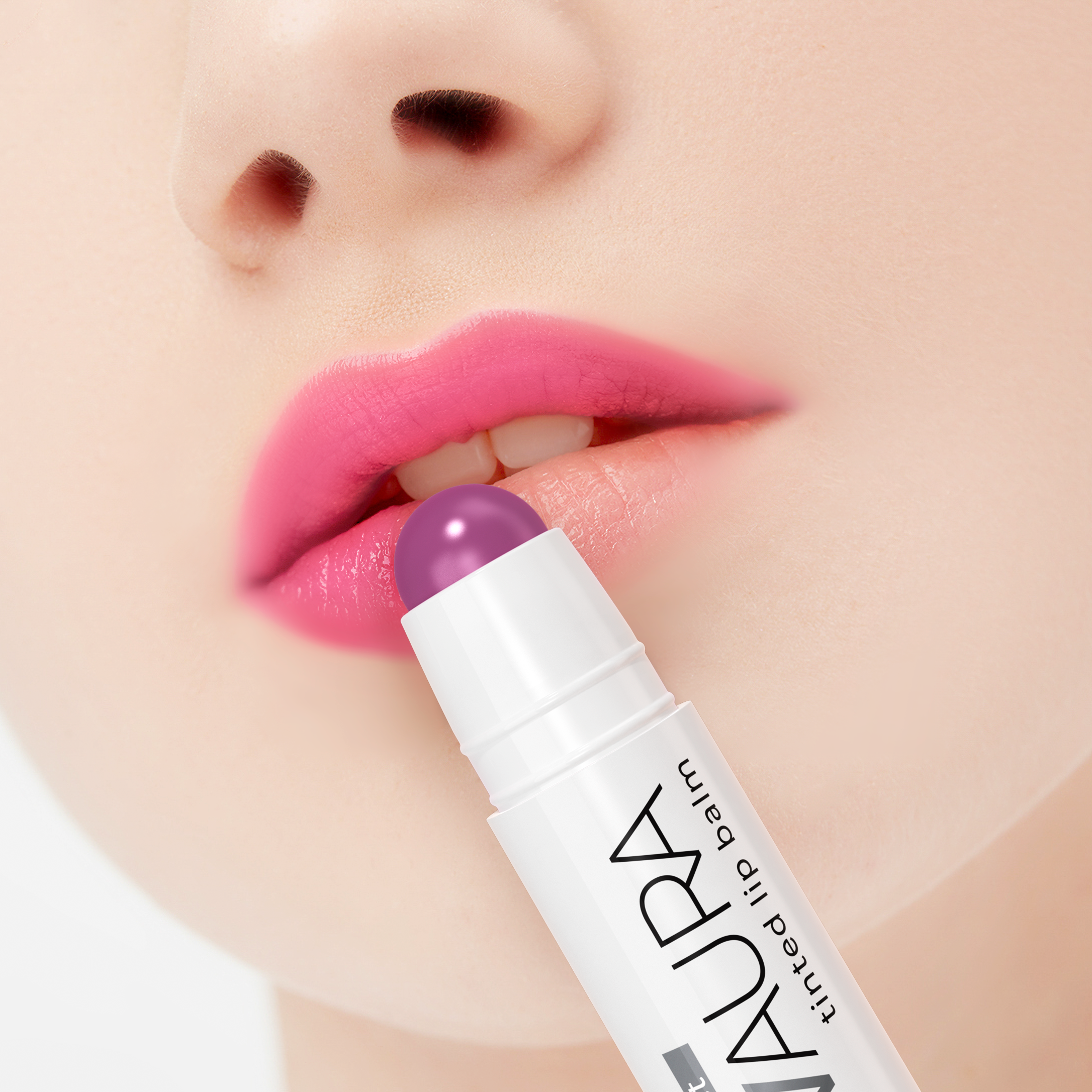 Lip balm with purple shade being applied to lips, brand 'Laura' visible