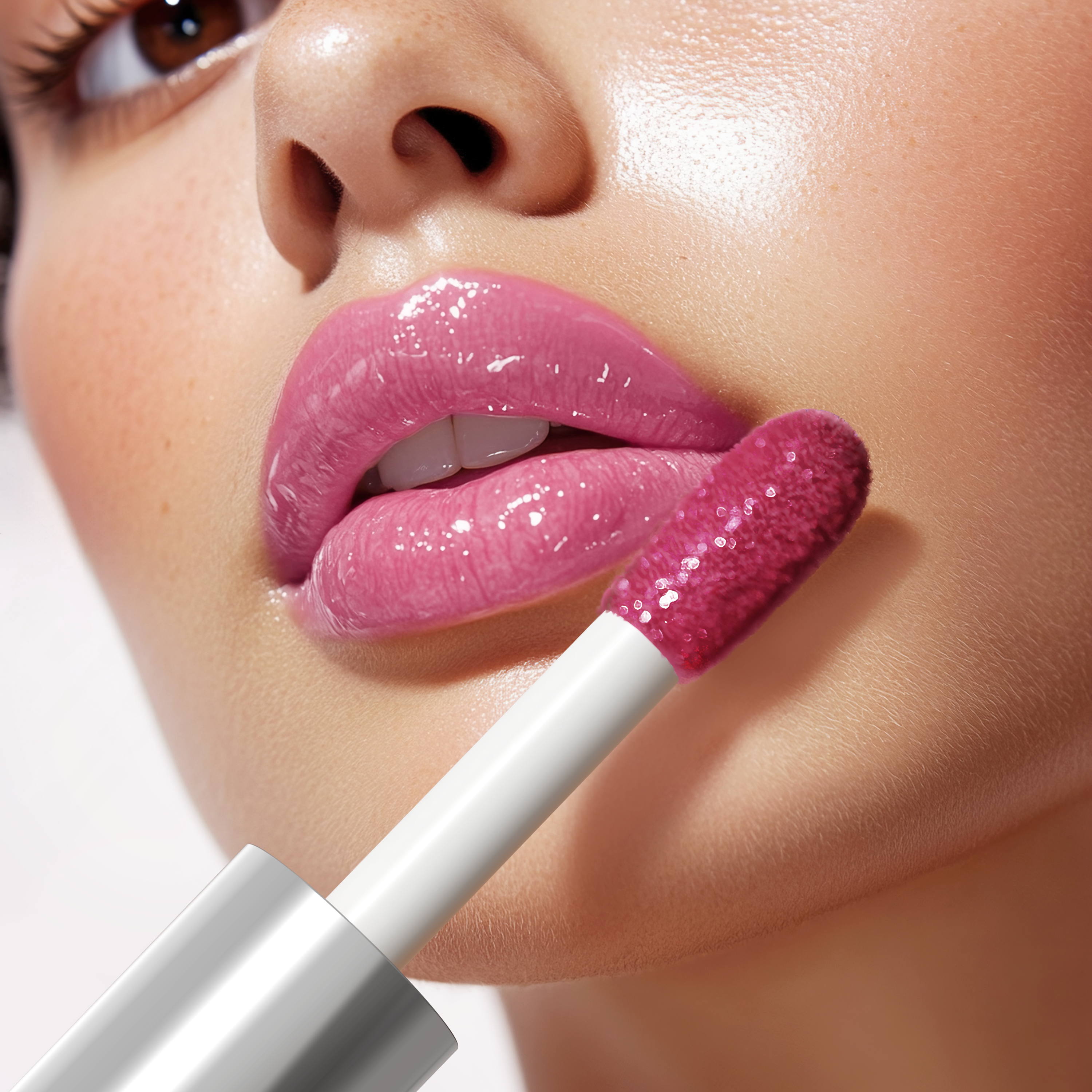 Close-up of a woman applying pink lip gloss with a applicator.