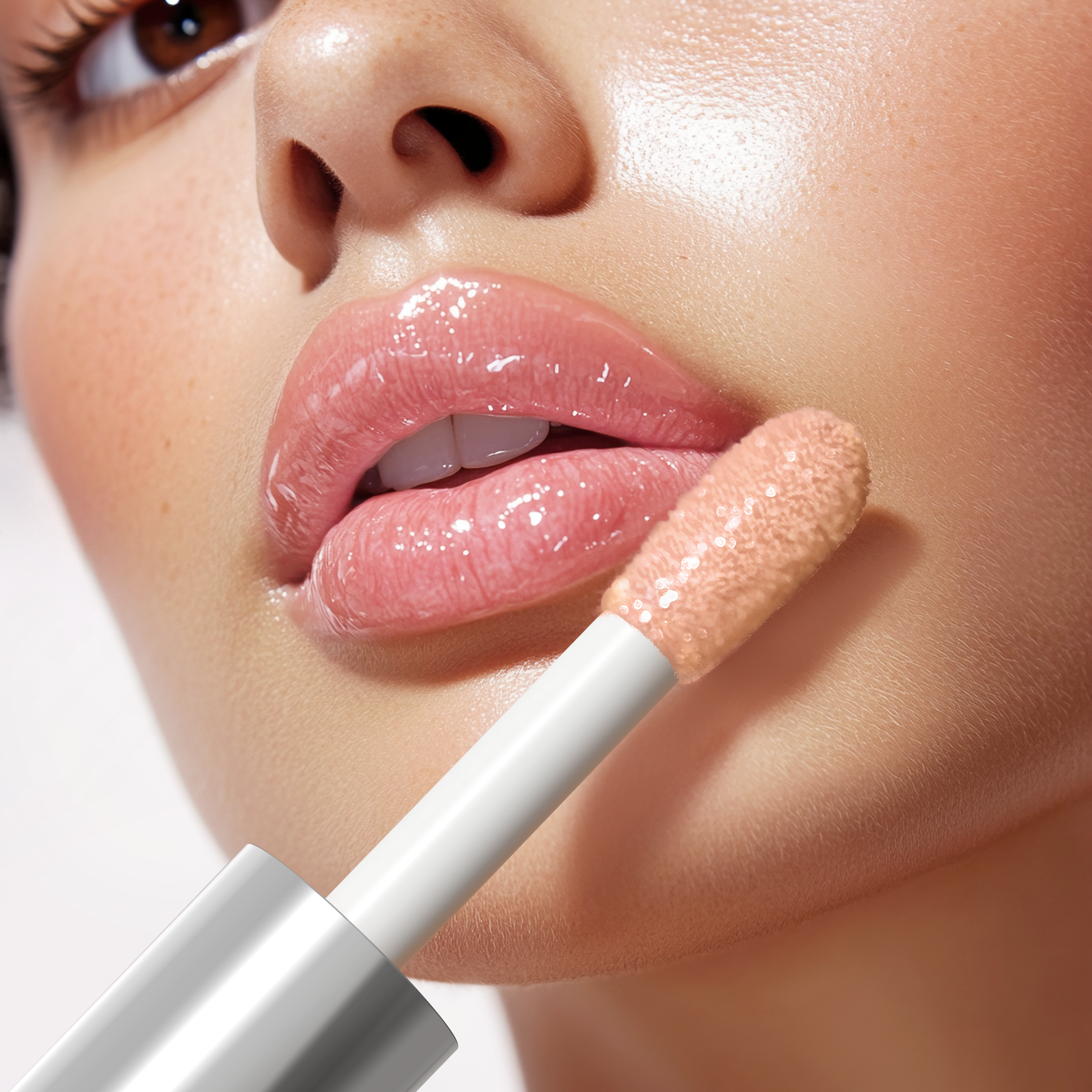 Close-up of a woman applying lip gloss to her lips.