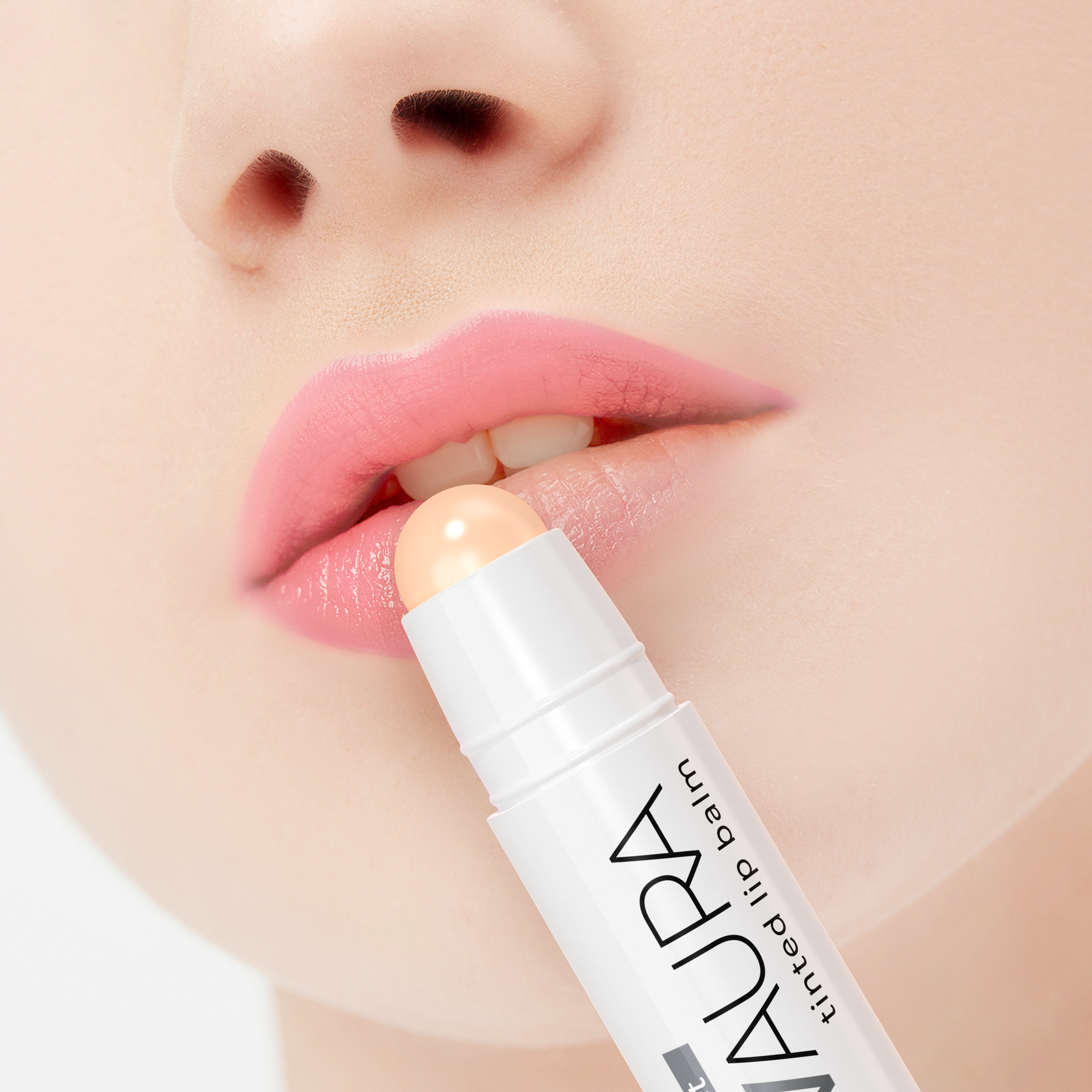 Lip balm being applied to lips with a blurred background