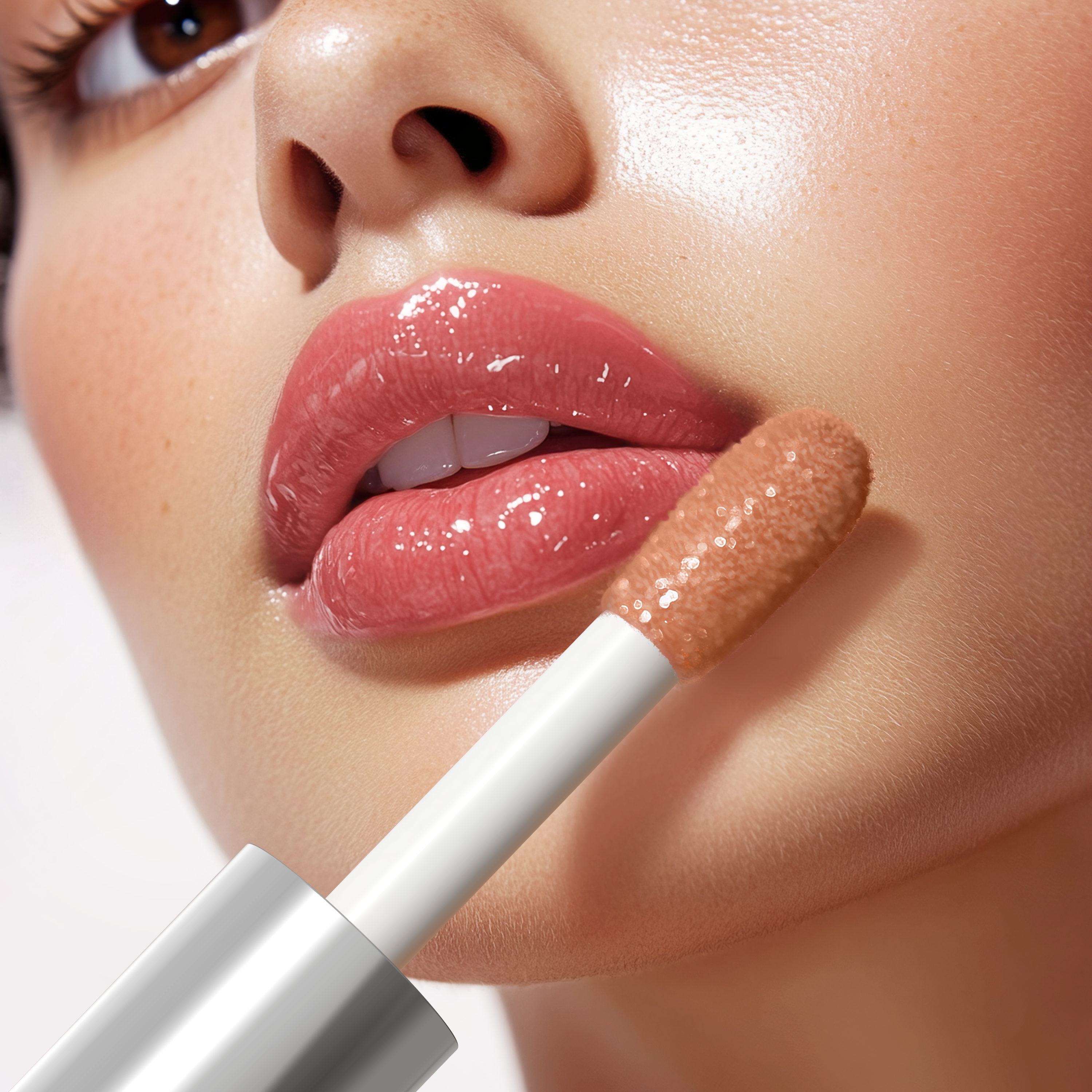Close-up of a woman applying lip gloss with a applicator.