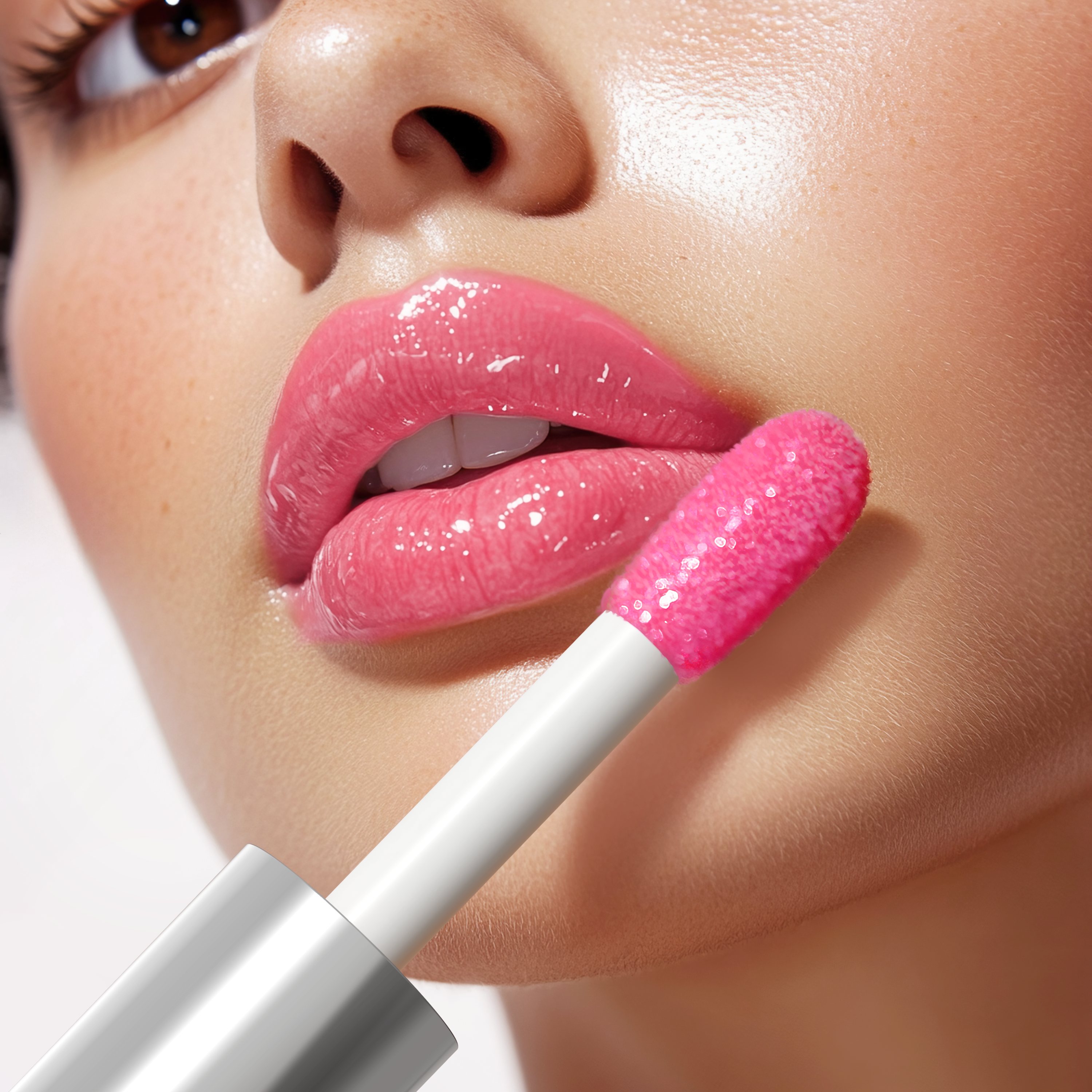Close-up of a woman applying pink lip gloss with a applicator.