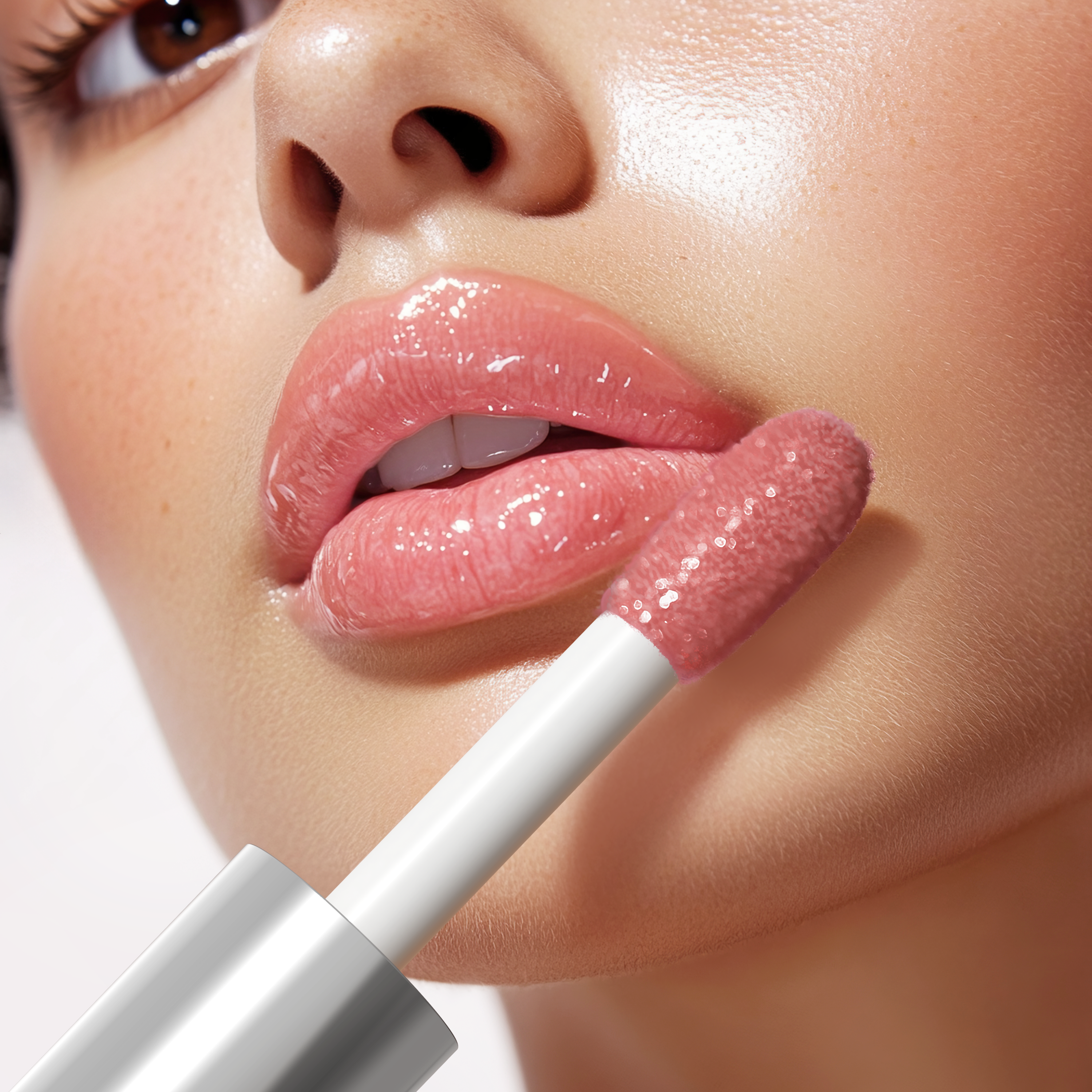 Close-up of a woman applying pink lip gloss with a applicator.