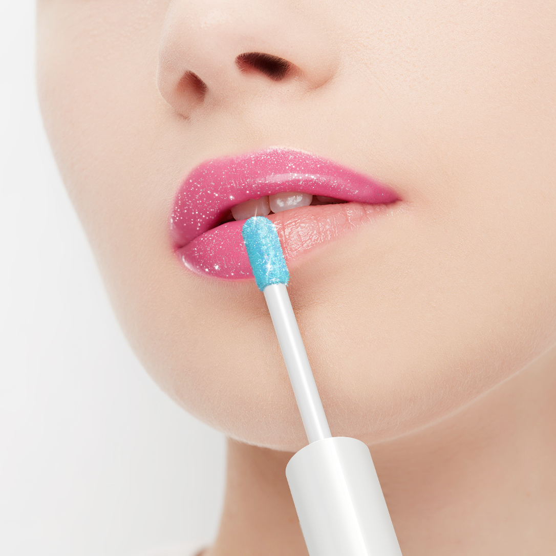 Close-up of a person applying pink lip gloss with a blue applicator on a white background