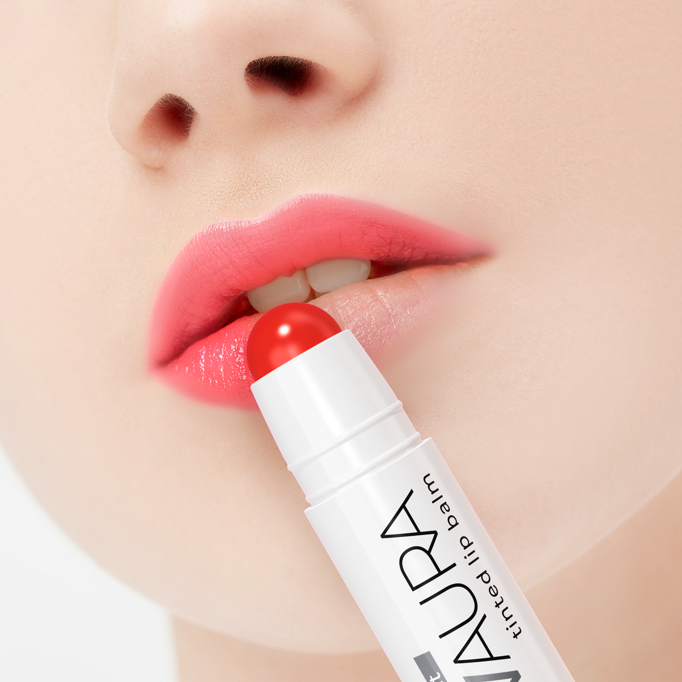 Lip balm being applied to lips with a close-up view