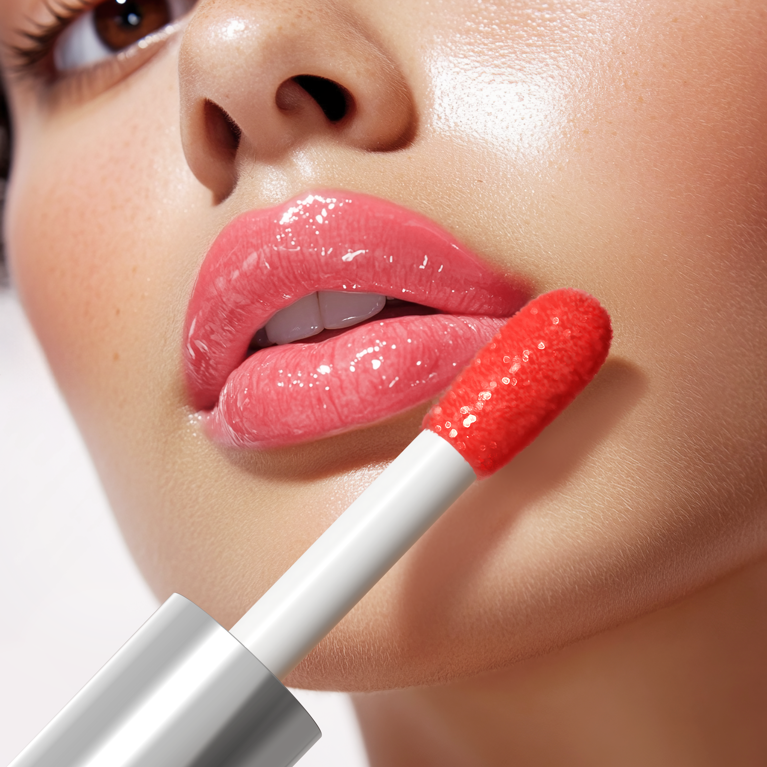 Close-up of a woman applying bright red lipstick with a focus on the product.