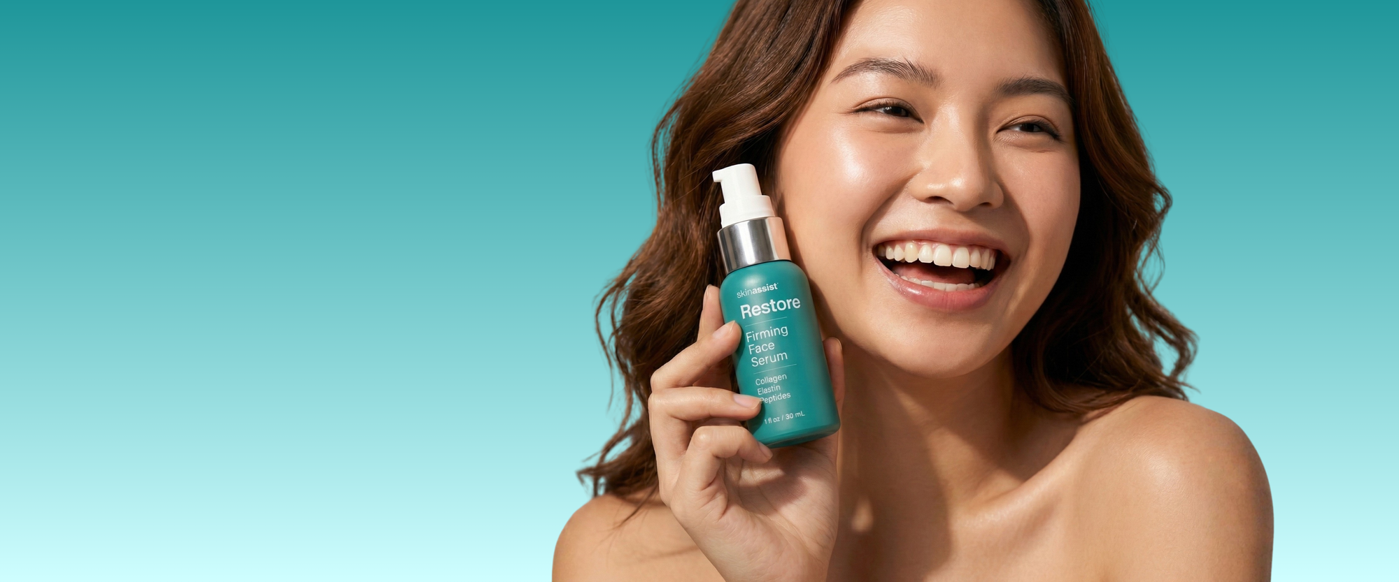 Woman holding a skincare product against a blue background