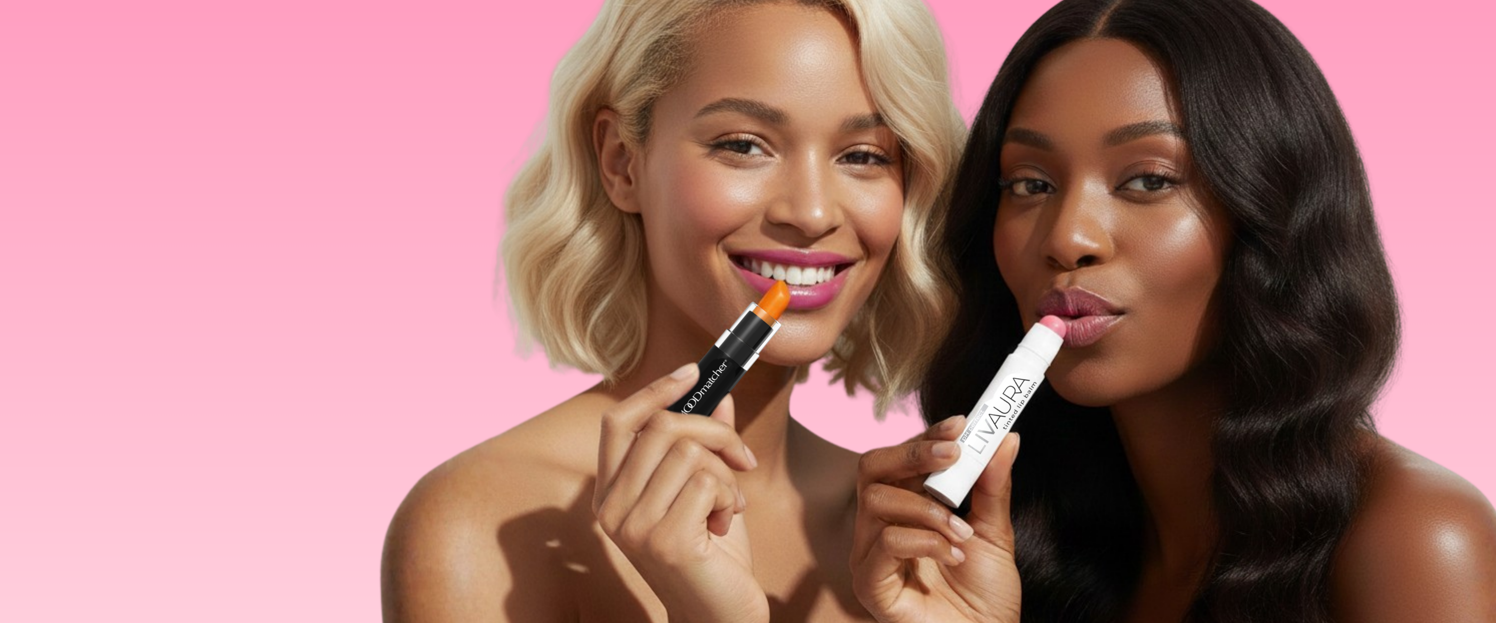 Two women holding makeup products against a pink background