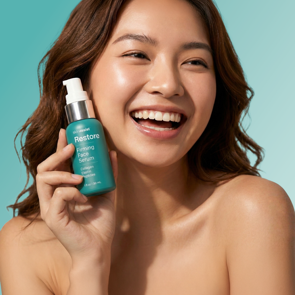 Woman holding a skincare serum bottle with a blue background